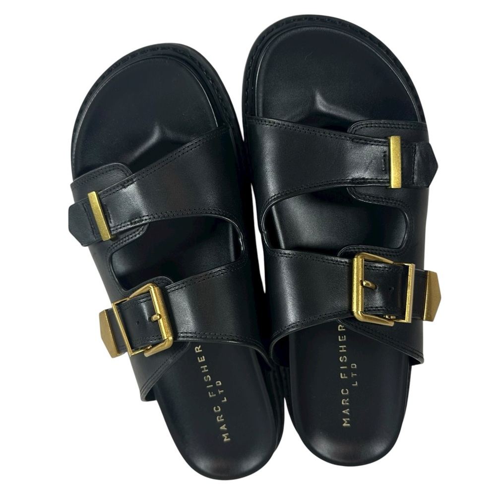 Marc Fisher Black Leather Double Buckle Slide Sandals with Gold Hardware